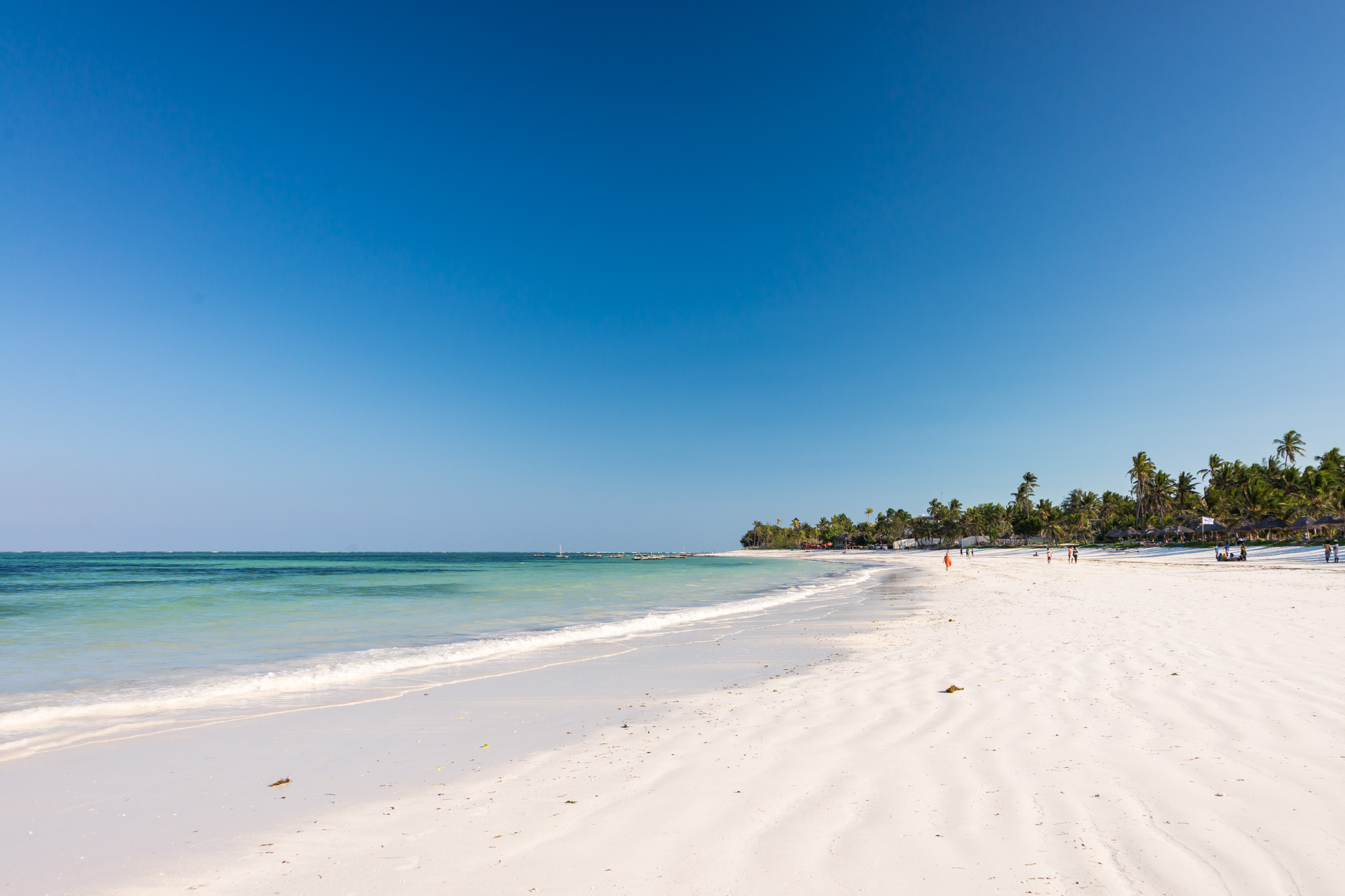 Endeløs hvid sandstrand med palmer og turkisblåt vand