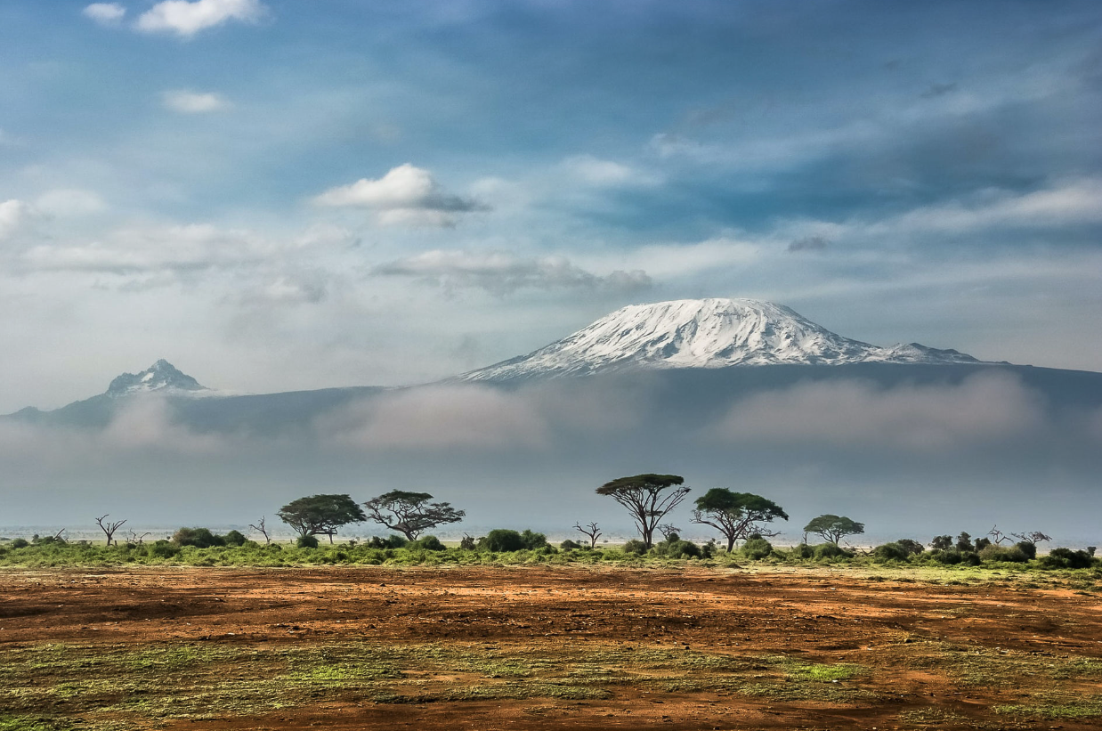 Savanne i Kenya med Mount-Kenya i baggrunden